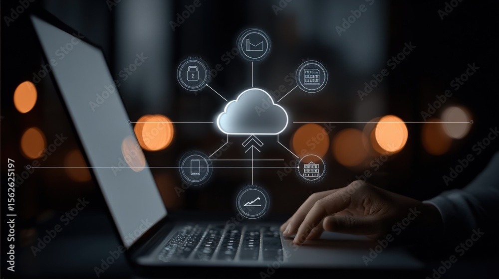 Poster Modern cloud computing technology concept showing a person using a laptop connected to cloud storage and data sha icons on dark background