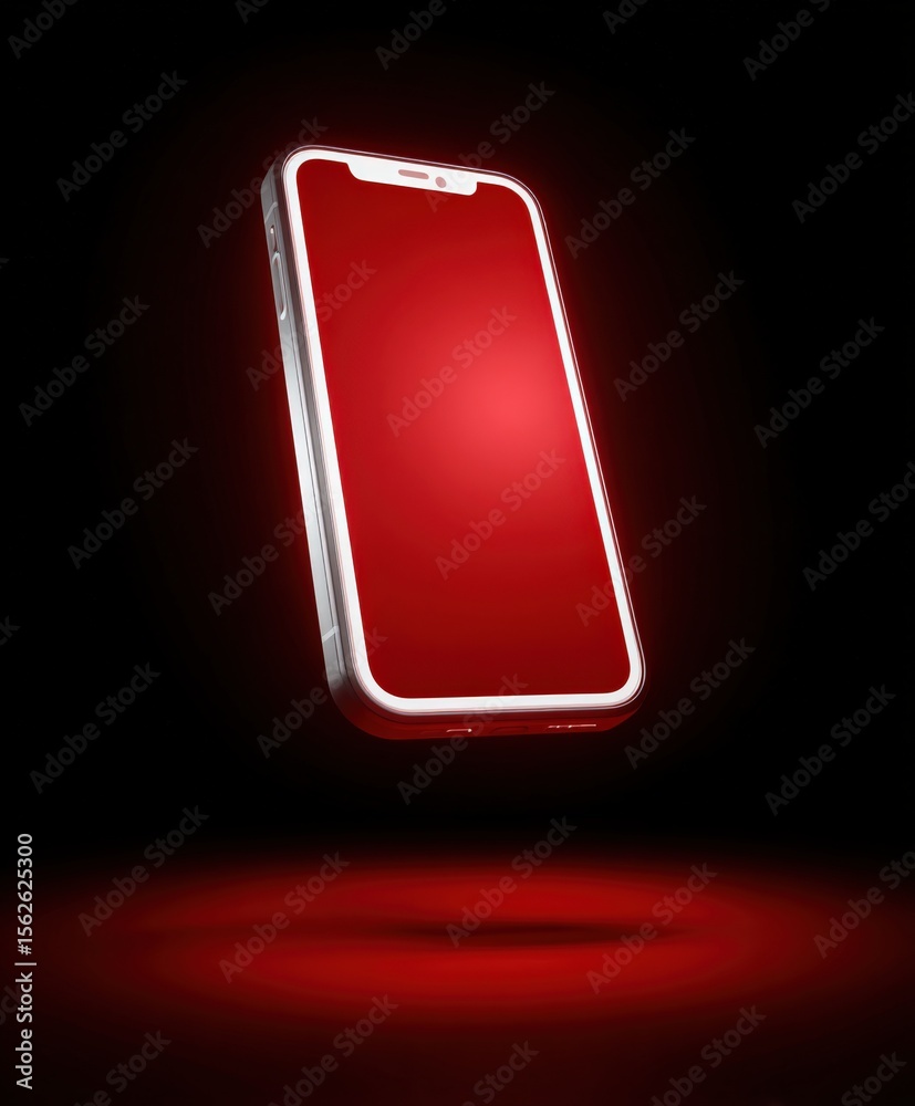 Poster Modern illuminated smartphone with glowing neon frame floating in dark space with reflective surface creating a vibrant futuristic digital device concept