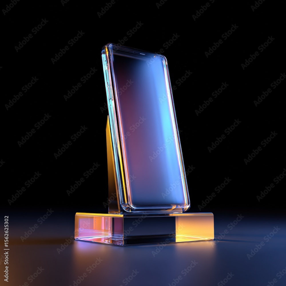 Aufkleber Modern sleek reflective smartphone with colorful edges on illuminated display stand showcasing advanced technology and design features