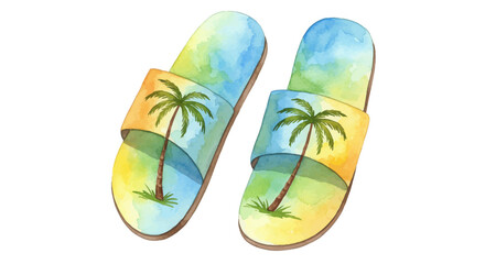 Watercolor painted slippers with palm trees on white background, summer vacation concept