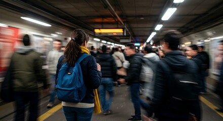 Obraz premium A young woman with a backpack stands amidst a blurred crowd of commuters in a bustling station, lost in thought.