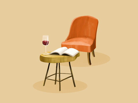 Cozy reading corner with armchair, book, and glass of wine