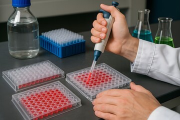 Laboratory research scientist experiment pipette microplate biology science test medical analysis 100