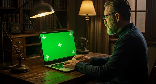 Mature man works late at night on a laptop with a green screen, illuminated by a desk lamp in a dimly lit study.