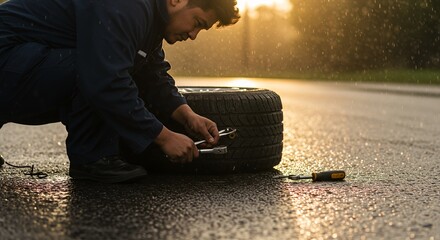 Determined mechanic works on a flat tire during a rainy sunset, showcasing resilience and problem-solving skills.