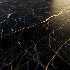 A detailed close-up reveals a luxurious black marble surface with elegant gold and white veins, illuminated by a warm light source