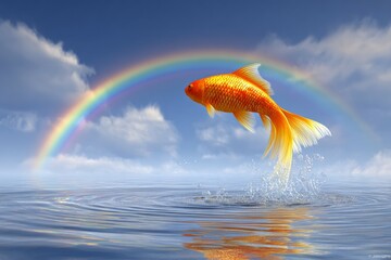 Vibrant goldfish leaping over water beneath colorful rainbow in blue sky