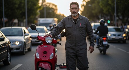 Mechanic thoughtfully leans against a red scooter, lost in thought amidst the urban sunset glow.