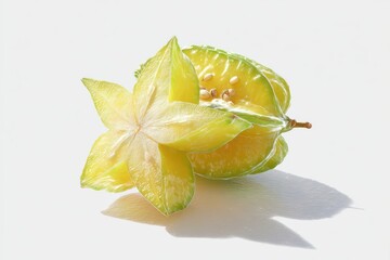 Fototapeta premium Fresh and Vibrant Starfruit with Glorious Yellow Color on a Minimalistic White Background, Showcasing Unique Shape and Textural Details of the Fruit