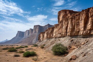 Majestic rocky cliffs under clear sky in arid desert landscape