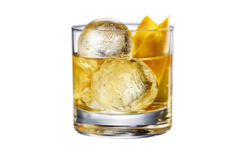 A glass of liquor with ice cubes and orange slices
