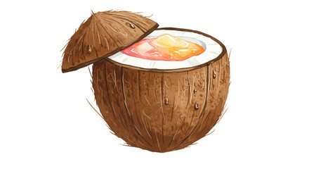 Watercolor Illustration of a Coconut with Tropical Fruit Inside, Isolated on White