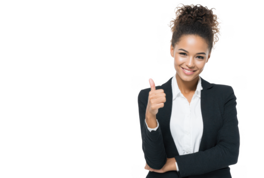 Confident businesswoman giving a thumbs-up gesture. dressed in a professional suit. smiling and showcasing positivity against a clean white background. ideal for motivational and corporate themes - Powered by Adobe
