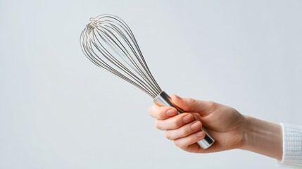 A hand holding a stainless steel whisk, perfect for mixing and whipping in kitchen cooking and baking preparations.