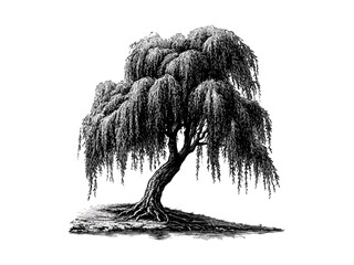 Weeping Willow Tree engraving, vintage botanical art, hand-drawn willow branches, rustic nature decor, spring tree sketch, eco-friendly print, retro style, old engraving technique, garden illustration © Vintage Studio
