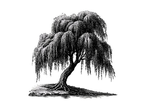 Weeping Willow Tree engraving, vintage botanical art, hand-drawn willow branches, rustic nature decor, spring tree sketch, eco-friendly print, retro style, old engraving technique, garden illustration