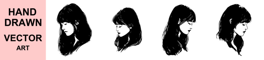 Hand drawn side profile portrait of a young woman with detailed black hair in sketch vector style illustration isolated on white background