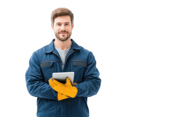 A smiling male worker in a blue jacket and yellow gloves holds a tablet. standing against a white background. showcasing a modern approach to manual labor and technology integration