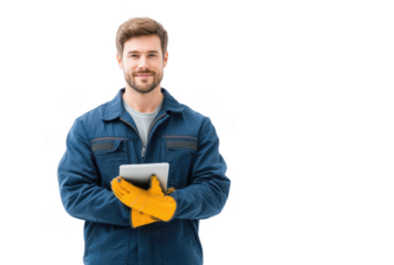 A smiling male worker in a blue jacket and yellow gloves holds a tablet. standing against a white background. showcasing a modern approach to manual labor and technology integration