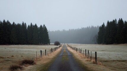 Naklejka premium A scenic view of a winding road surrounded by misty trees and a tranquil landscape evokes a sense of calm and solitude.