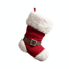 Festive Red Santa Claus Christmas Stocking Hanging Against a Vibrant Turquoise Transparent background