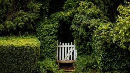 A serene garden gate surrounded by lush green foliage and ivy, inviting you to explore the natural beauty beyond.