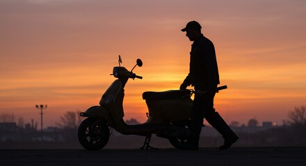Silhouette of a man walking away with his scooter at sunset, enjoying the peaceful evening.
