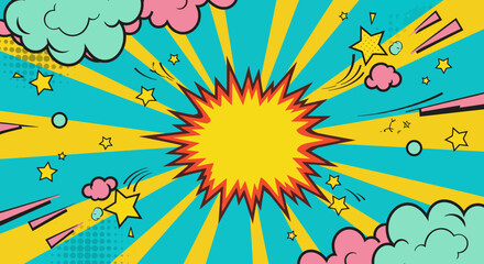 Vibrant Pop Art Background Sunburst Explosion with Stars and Clouds