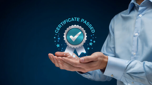 A man proudly presents a certificate of completion in his hands, symbolizing success, achievement, and validation of skills on a vibrant blue gradient background.