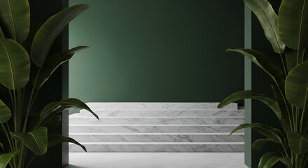 Tropical Interior with Banana Leaves and Marble Platform