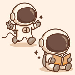 Two Cute Astronauts Vector | Kawaii Space Adventure Illustration