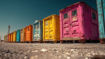 Obraz premium Vibrant Beach Changing Rooms in a Row on a Sunny Day