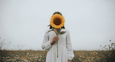 Woman in White Dress with Large Flower Minimalist Aesthetic