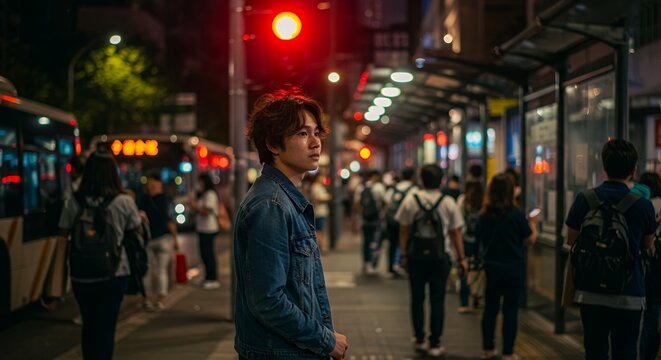 Young man in denim jacket stands thoughtfully at a bustling night bus stop, city lights blurring in the background.