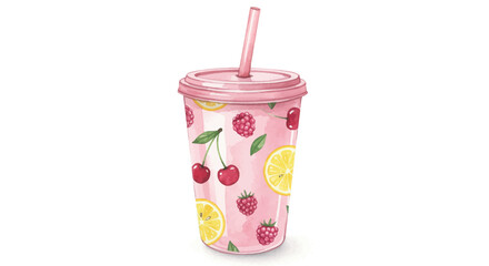 Watercolor Pink Tumbler with Straw, Cherry, Lemon, and Raspberry Fruit Pattern