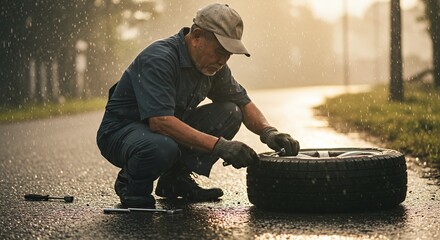 Elderly man diligently changes a flat tire during a heavy downpour, showcasing resilience and determination on a rain-soaked road.