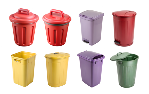 set of colorful trash cans