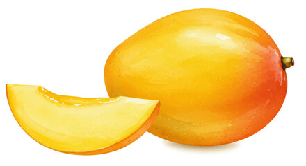 Watercolor Painting of a Ripe Mango and a Slice on White Background