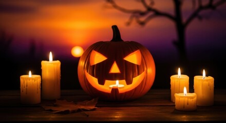 Spooky Jack O Lantern Halloween Pumpkin Surrounded By Flickering Candles On A Table At Dusk Creating A Haunting Atmosphere