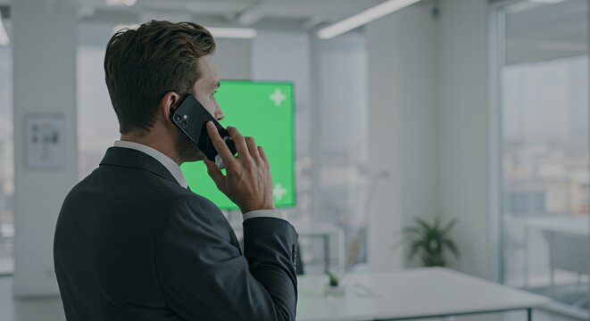 Confident businessman in a suit makes an important phone call, standing in a modern office with a green screen in the background.