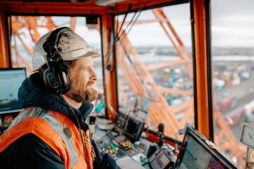 Construction worker operating crane in a port setting, observing shipping containers, showcasing dedication and precision in heavy machinery operation for logistics and transport industry.