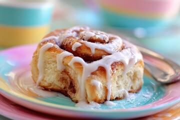 Deliciously Soft Cinnamon Roll with Creamy Icing on a Colorful Plate Perfect for Breakfast or Dessert, Ideal for Food Lovers and Culinary Photography