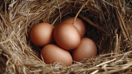 Close-up view of brown eggs nestled in a rustic straw nest, symbolizing new life and natural beauty.