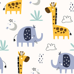 Seamless pattern with cute giraffe, cloud, crescent and weeds. Childish and playful style vector illustration for kids or baby apparel,  textile, bedding, wrapping paper, kindergarten and other