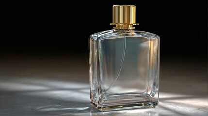 Elegant perfume bottle with golden cap shining against a dark background, showcasing its luxury and sophistication.