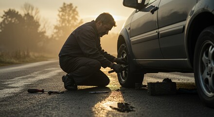 Solitary roadside mechanic diligently changes a flat tire on a dark-colored vehicle during the golden hour, showcasing determination and resilience.