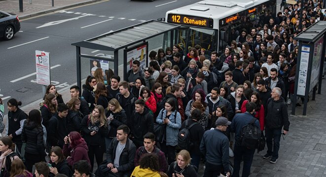 A diverse crowd of young adults waits patiently at a city bus stop on a cloudy day, their anticipation palpable. - Powered by Adobe