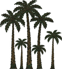 Obraz premium Palm trees vector set with detailed leaves and trunks in natural green and brown colors for tropical design and decoration