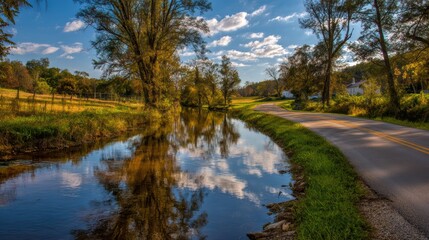 Fototapeta premium Scenic view of a peaceful river reflecting trees and sky, creating a serene and calming atmosphere in nature.