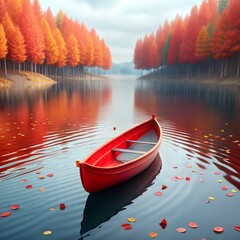 Fototapeta premium Lone red rowboat floats on a calm lake surrounded by autumn trees